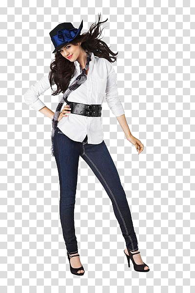 Selena Gomez, woman wearing hat, white dress shirt with black belt and blue denim jeans outfit transparent background PNG clipart