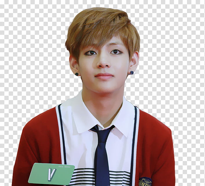 V TAEHYUNG BTS, smiling man in white and red collared shirt with blue necktie transparent background PNG clipart