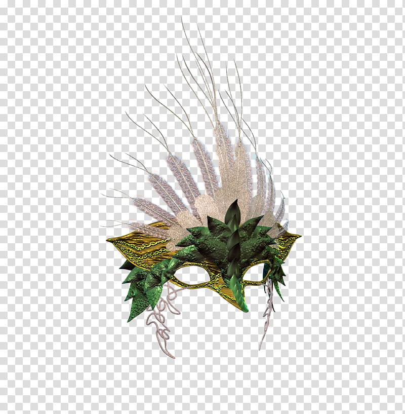 Fantasy , green and white haft-face mask with feathers transparent background PNG clipart