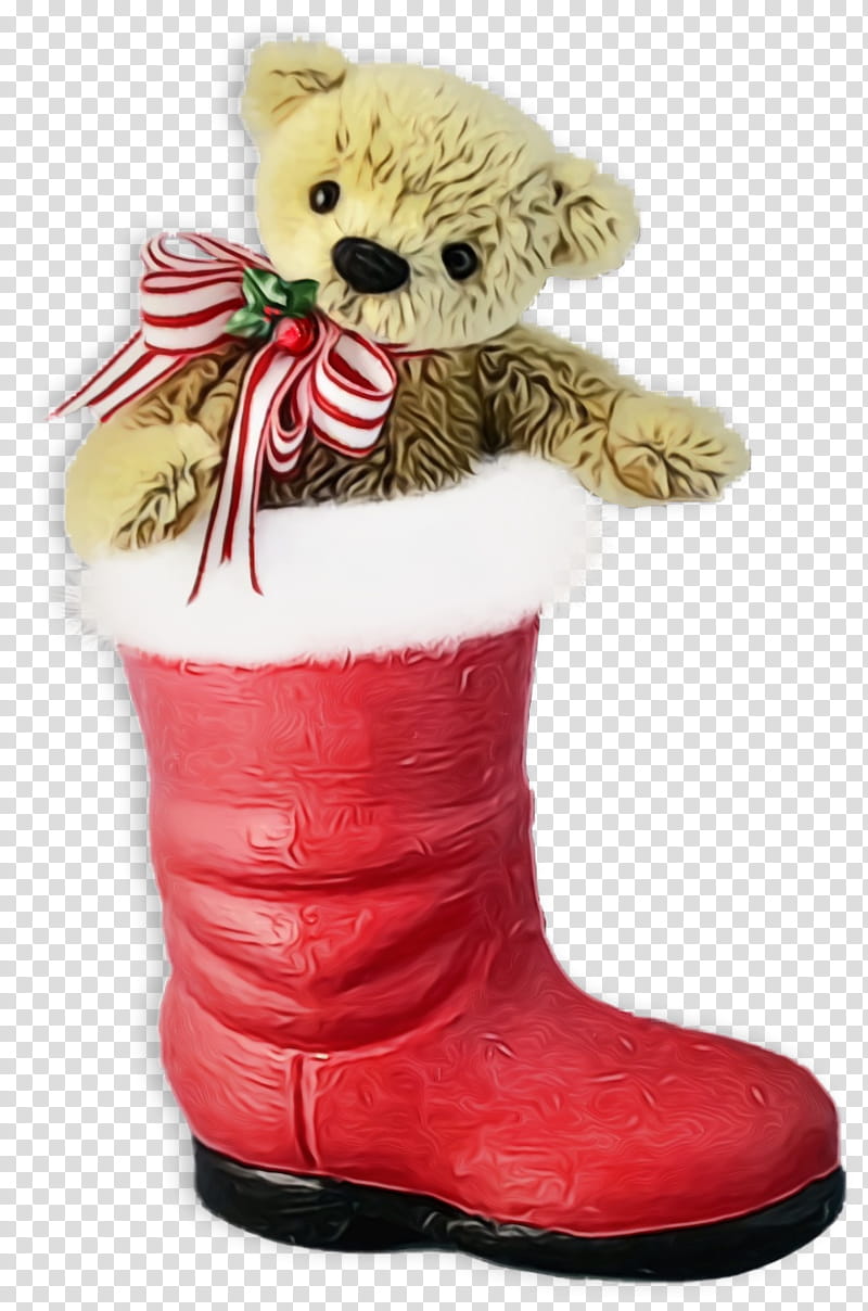 Teddy bear, Christmas ing, Christmas Socks, Watercolor, Paint, Wet Ink, Footwear, Boot transparent background PNG clipart