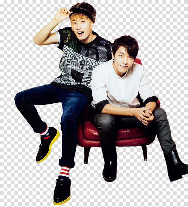 Super Junior render, two smilling men sitting on chair transparent background PNG clipart