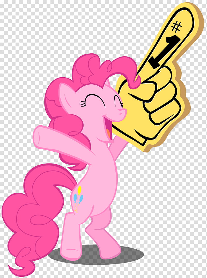 Pinkie Pie cheering, My Little Pony character wearing yellow hand glove transparent background PNG clipart