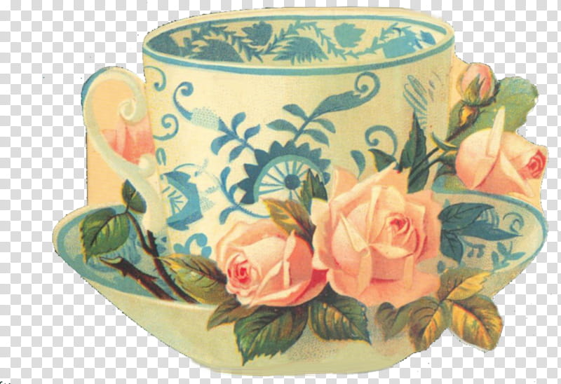 Vintage victorian clips in, pink rose beside mug transparent background PNG clipart