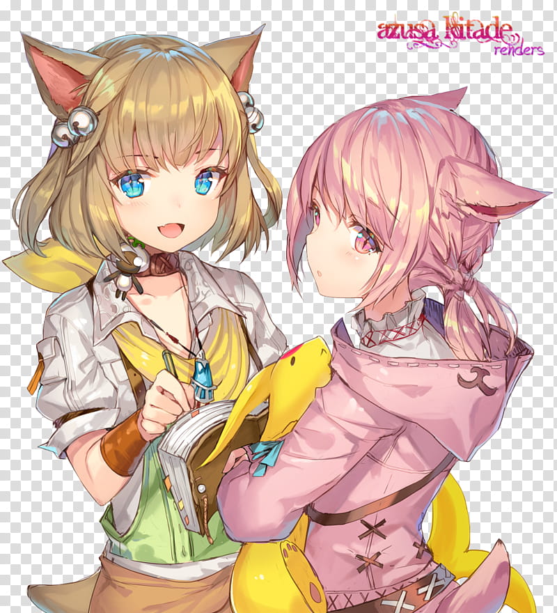 Miqote render Momoko Momopoco, two female anime characters transparent background PNG clipart