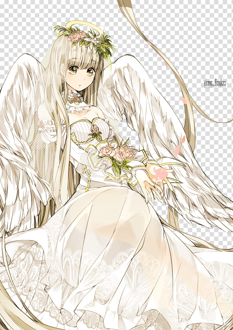 Anime Angel Girl Render, white haired female anime character with wings transparent background PNG clipart