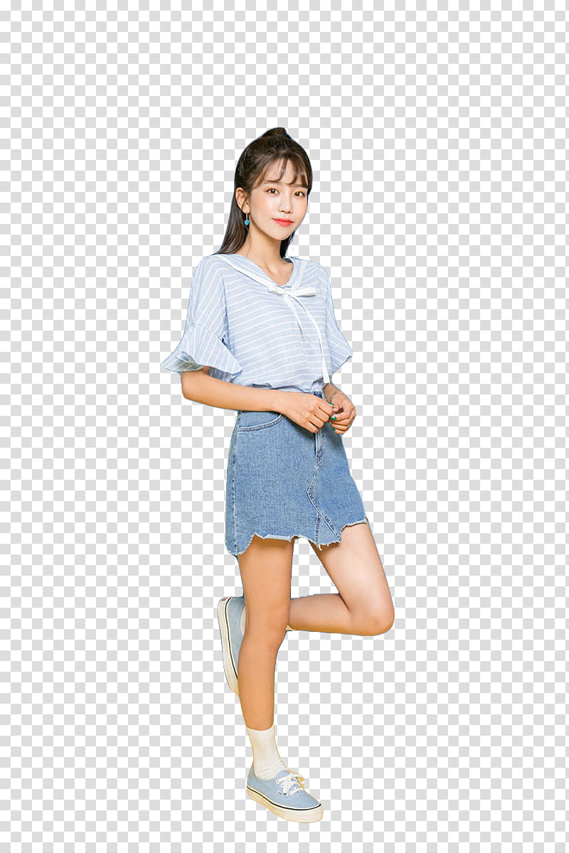 Model Hyemi, woman wearing blue V-neck elbow-sleeved top and blue denim skirt transparent background PNG clipart