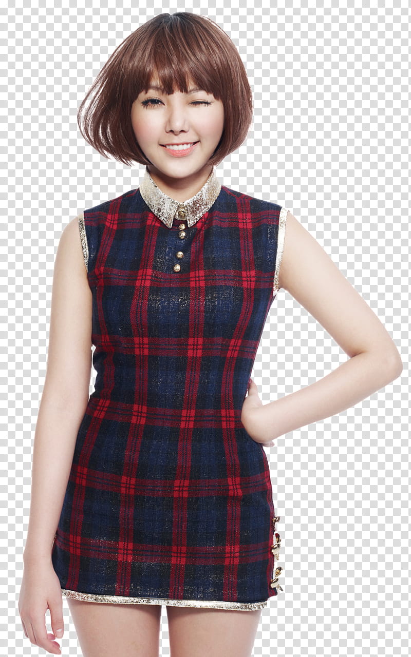 Orange Caramel, woman in red and black plaid sleeveless dress transparent background PNG clipart