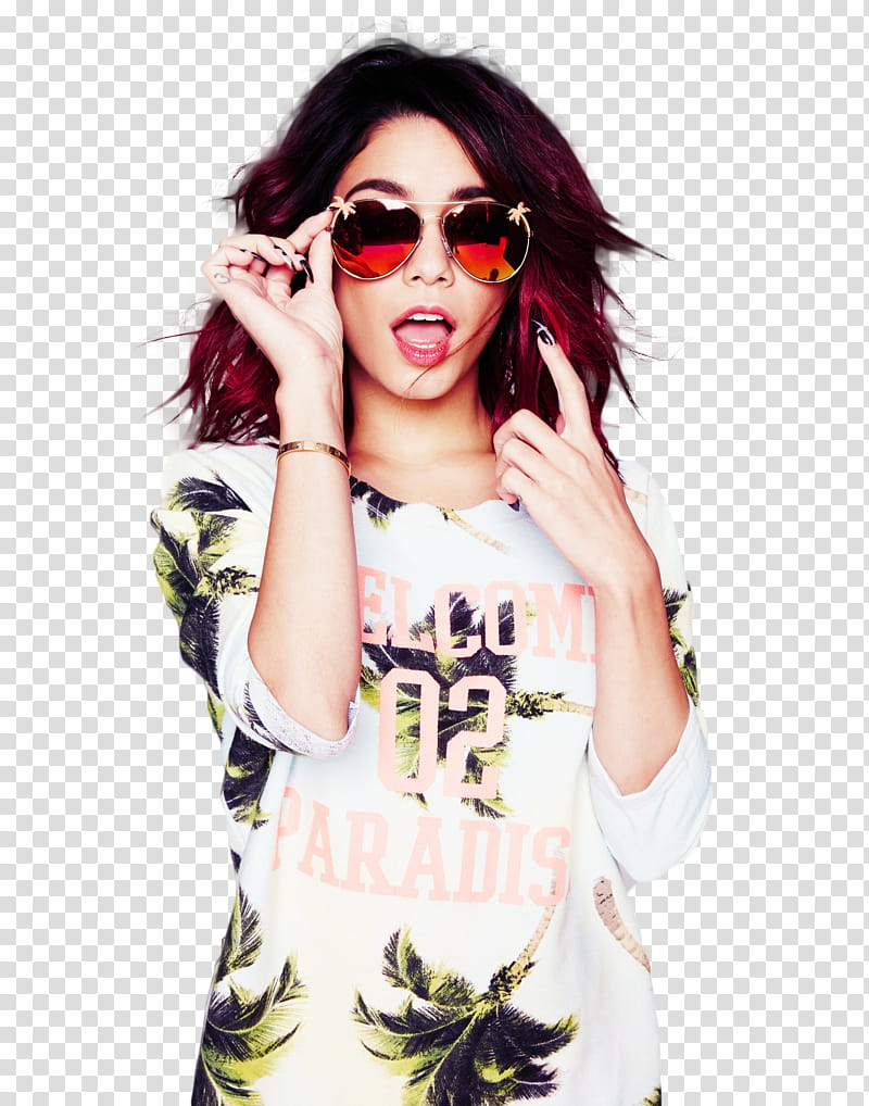 Vanessa Hudgens, woman wearing oversized sunglasses and white crew-neck shirt transparent background PNG clipart