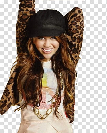 Miley Cyrus, Miley Cyrus in black hat and leopard print jacket transparent background PNG clipart