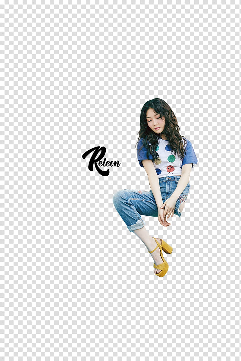 Kim Chungha, woman in blue denim jeans sitting transparent background PNG clipart