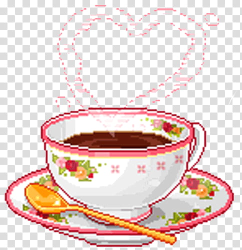 PIXEL KAWAII S, white and multicolored floral teacup with saucer and spoon illustration transparent background PNG clipart