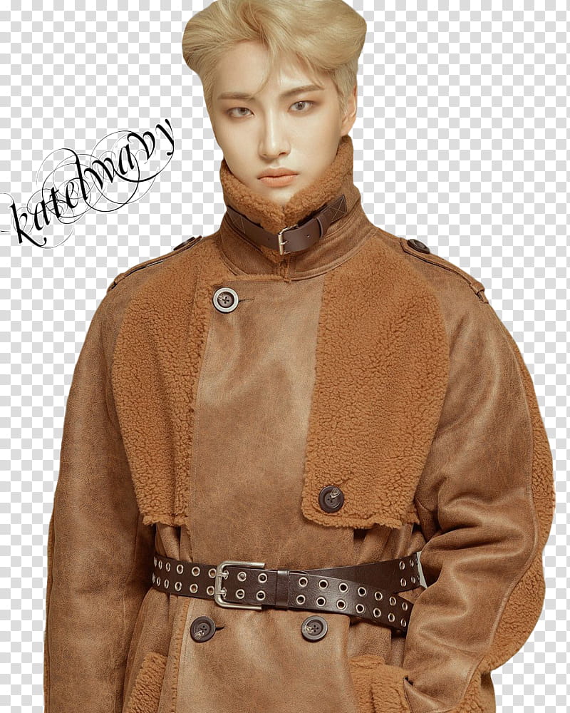 ATEEZ Seonghwa wearing brown coat standing transparent background PNG clipart