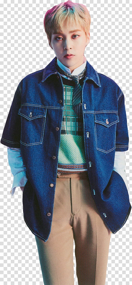 EXO CBX Magic, man wearing blue denim jacket transparent background PNG clipart