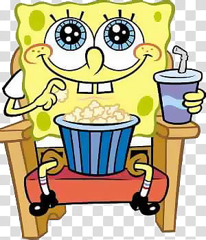 Bob Esponja S, Spongebob sitting on chair holding popcorn and disposable cup with straw illustration transparent background PNG clipart
