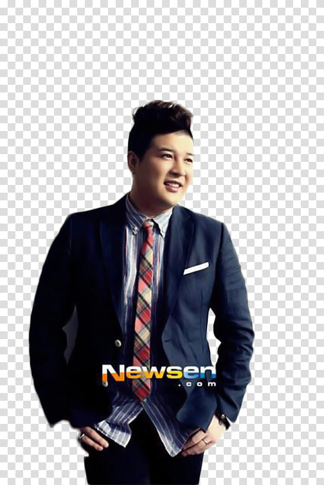 Shindong Super Junior , standing and smiling Super Junior Shin Dong wearing blue suit with red plaid necktie transparent background PNG clipart