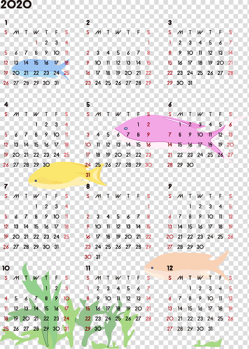 text line font calendar pattern, 2020 Yearly Calendar, Printable 2020 Yearly Calendar, Year 2020 Calendar, Watercolor, Paint, Wet Ink, Paper transparent background PNG clipart