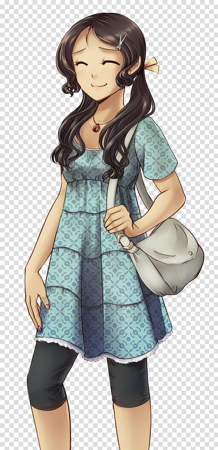 Melissa, woman in blue scoop-neck short-sleeved dress and black capri pants and white crossbody bag illustration transparent background PNG clipart