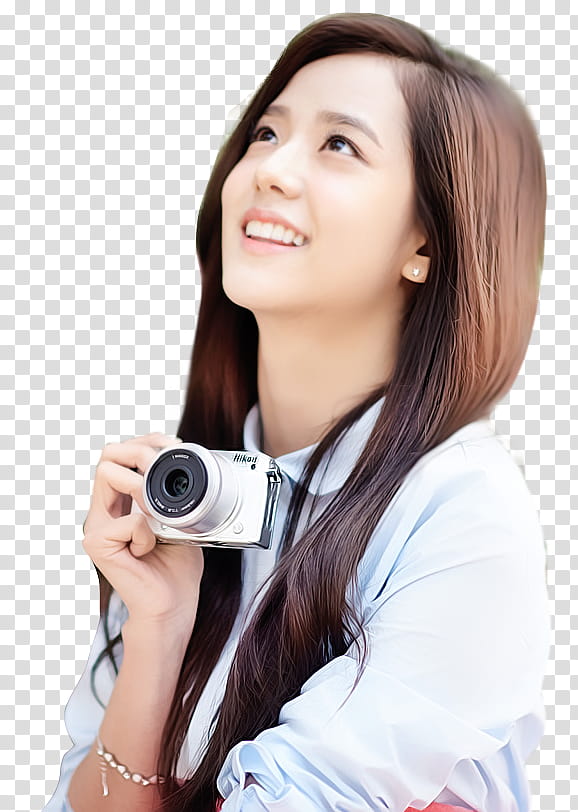 BLACKPINK PRE DEBUT, smiling woman holding silver point-and-shoot camera transparent background PNG clipart