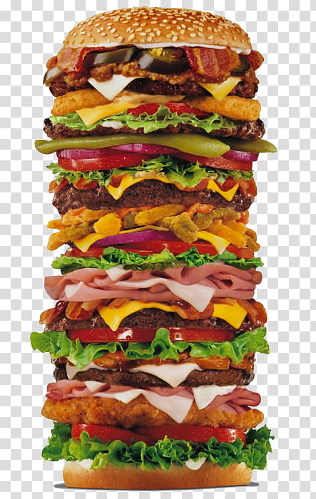 Full, tower burger with vegetables and assorted meats transparent background PNG clipart