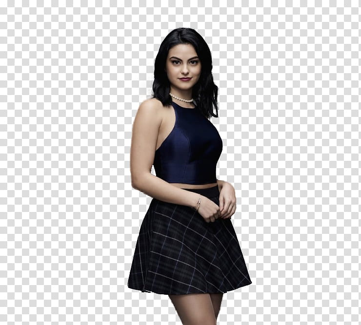 CAMILA MENDES, woman wearing blue sleeveless top and black skirt transparent background PNG clipart