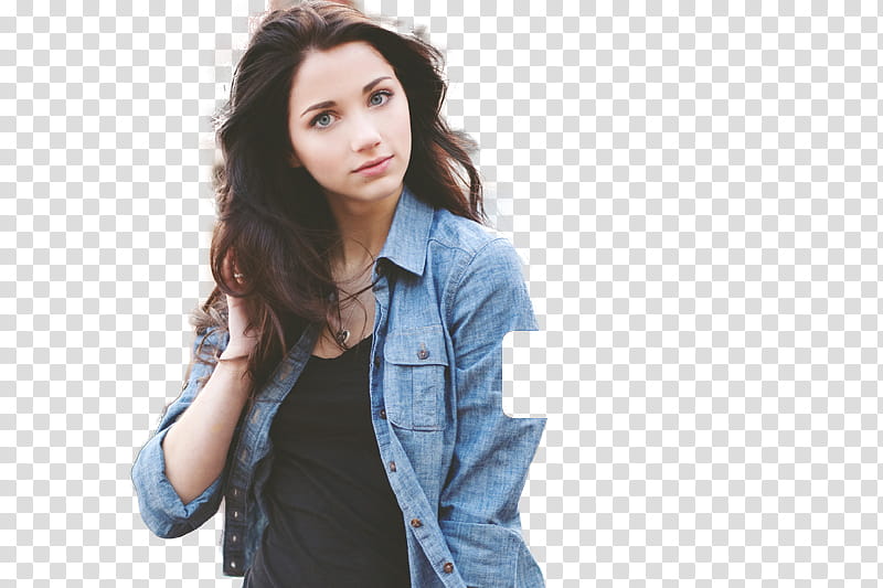 EMILY RUDD, woman wearing black top and blue cardigan transparent background PNG clipart