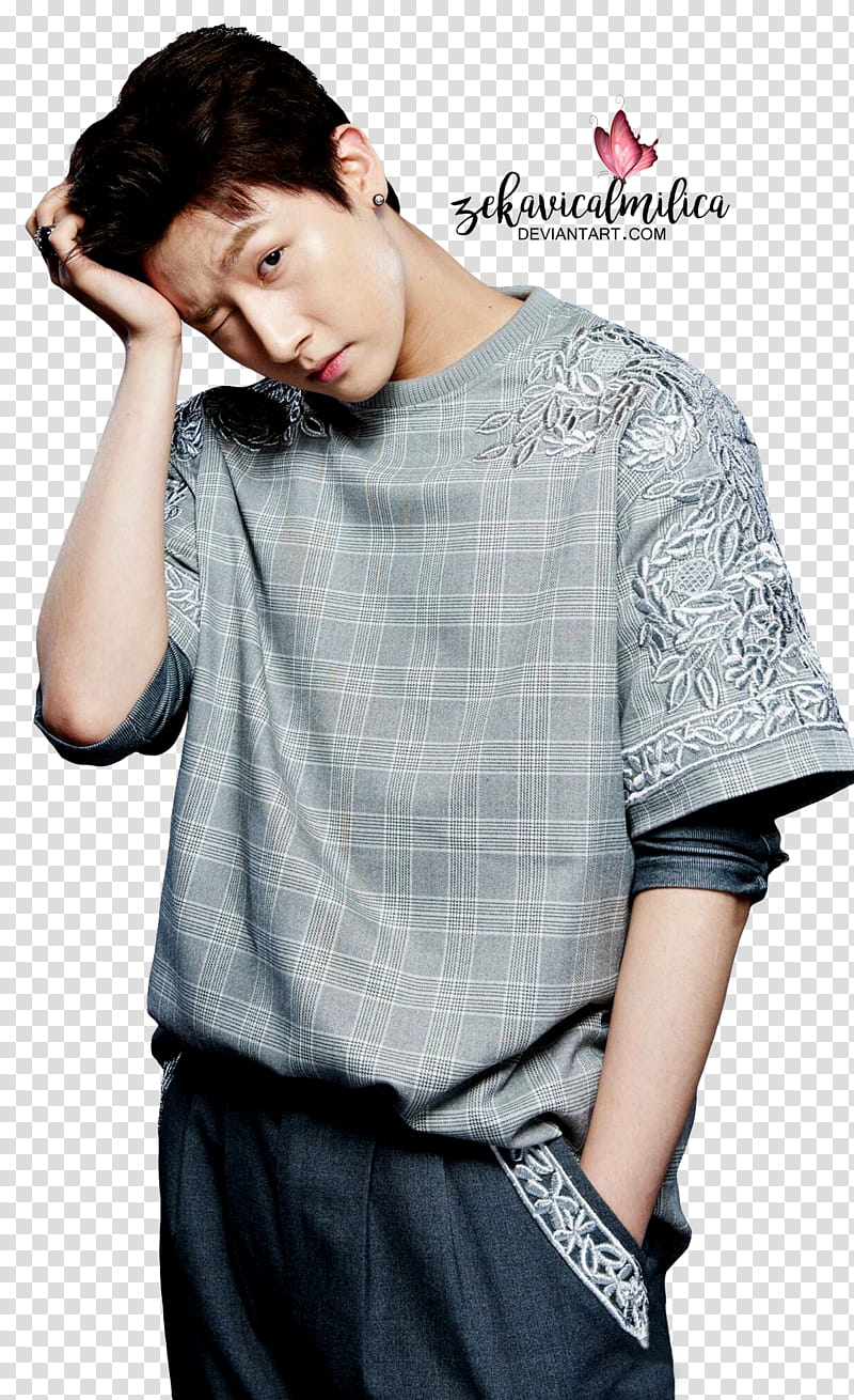 Monsta X Heroes Of Remix, standing man wearing gray shirt with hand on forehead transparent background PNG clipart