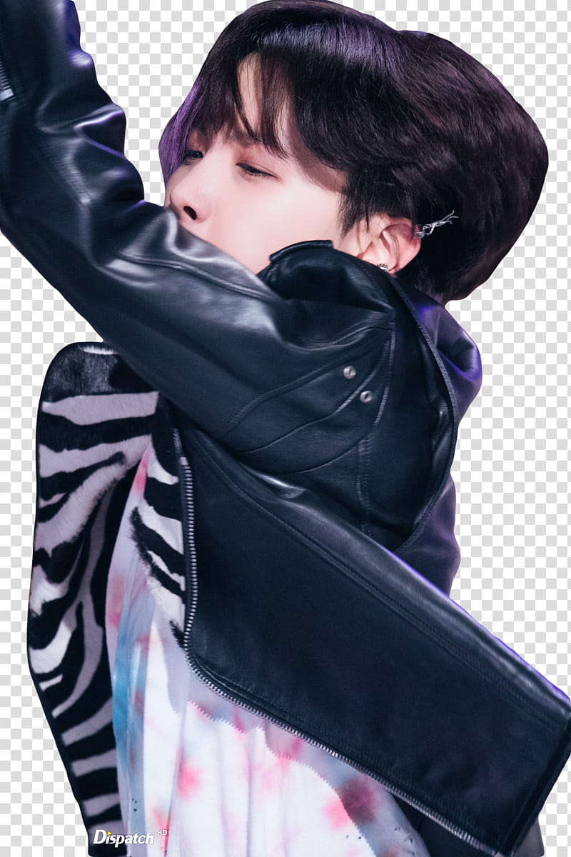 Hoseok BTS, man wearing black leather jacket raising his both arms transparent background PNG clipart