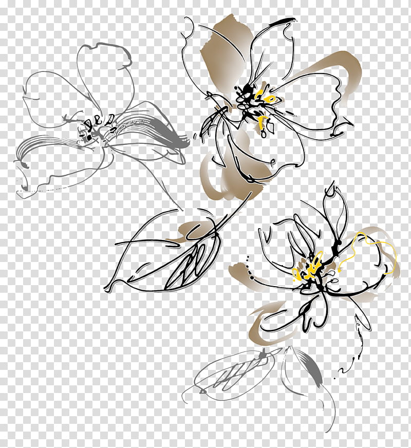 Flower Line Art, Drawing, Ink Wash Painting, Creative Work, Chinese Painting, Cartoon, Plant, Pedicel transparent background PNG clipart