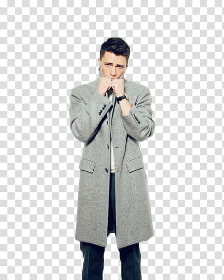 COLTON HAYNES, man wearing grey leather coat transparent background PNG clipart