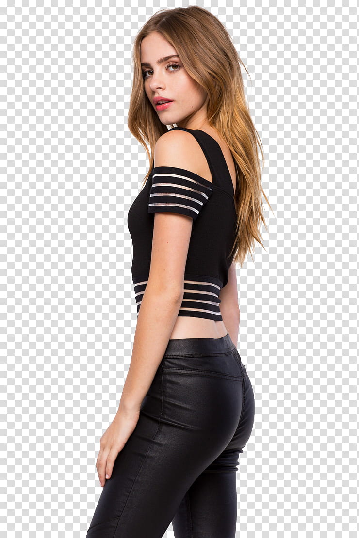 bridget satterlee, standing woman wearing black and white crop top and black pants transparent background PNG clipart