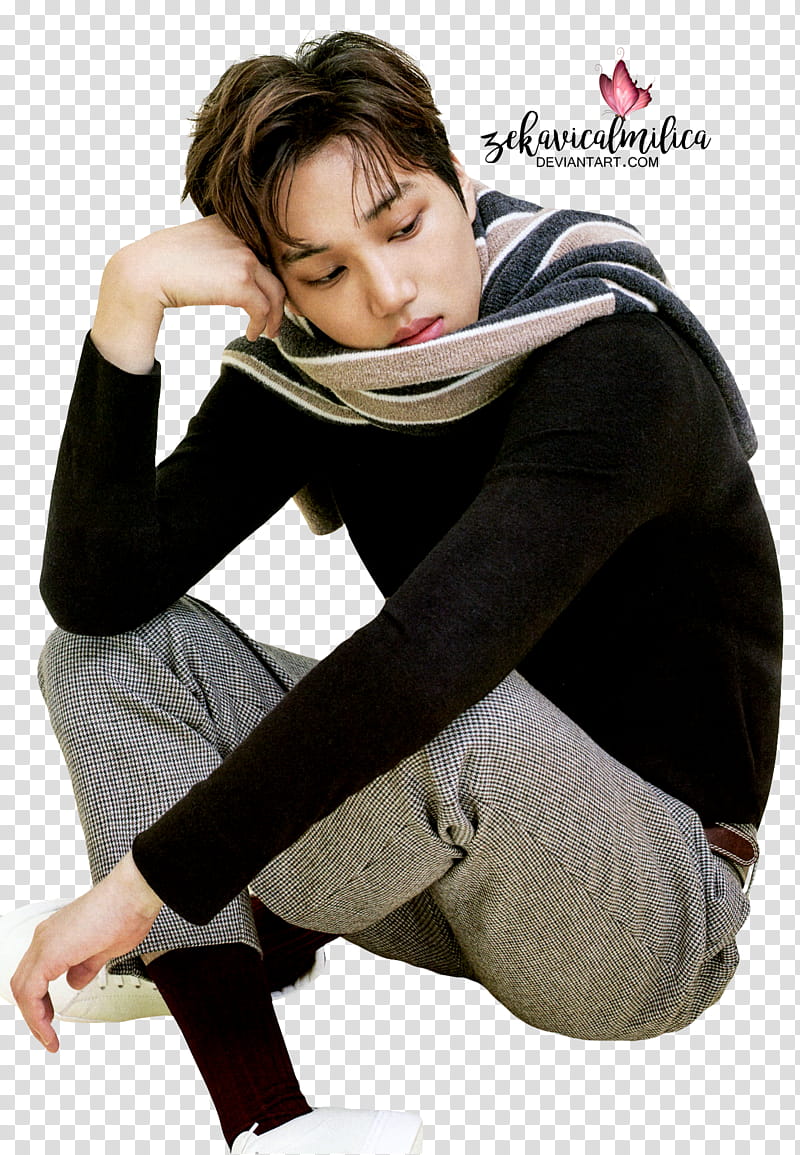EXO Kai High Cut, man in black long-sleeved top and gray pants transparent background PNG clipart