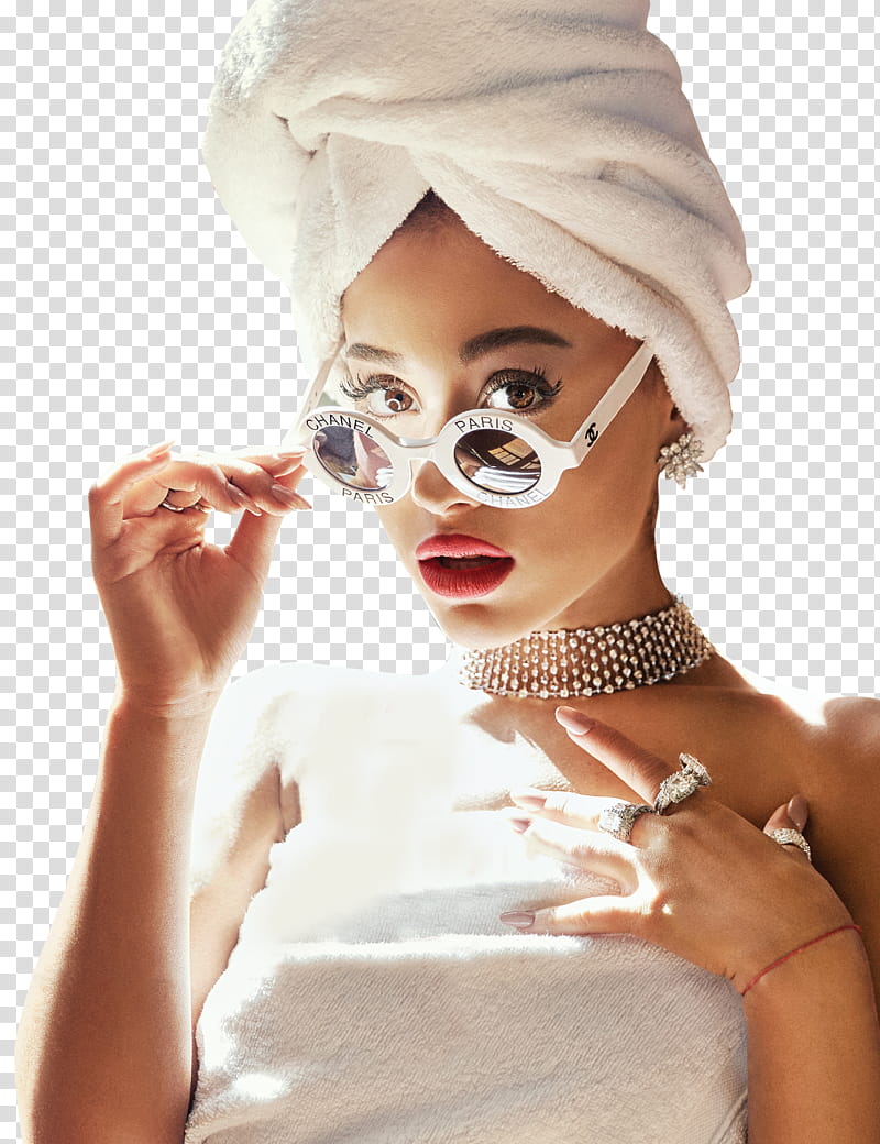 Ariana Grande, Ariana Grande holding her hippie sunglasses transparent background PNG clipart