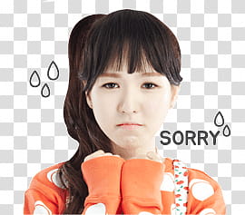 Red Velvet wendy kakao talk emoji, woman in orange and white polka-dot sweater with text overlay transparent background PNG clipart