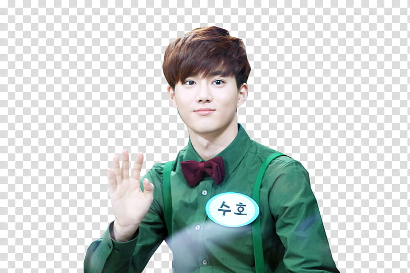 Suho, man wearing green dress shirt and maroon bow tie transparent background PNG clipart