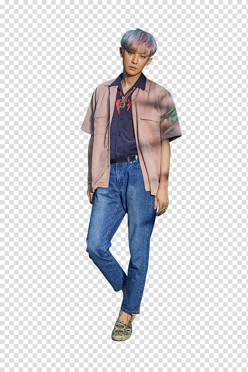 ChanYeol EXO , man wearing brown button-up shirt and blue denim jeans transparent background PNG clipart