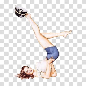 pin up girls , woman wearing beige top and blue bottoms lying while foot holding hat transparent background PNG clipart