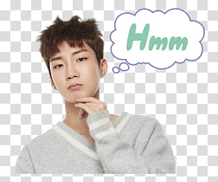 WINNER Line, man wearing gray V-neck knit sweater left hand on chin transparent background PNG clipart