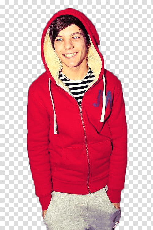 one direction, Louis Tomlinson in red full-zip hoodie transparent background PNG clipart