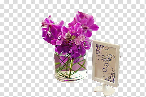 , purple orchids in clear glass vase beside table  sign transparent background PNG clipart