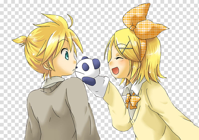 Render  Special Kagamine, girl holding panda puppet teasing another girl transparent background PNG clipart