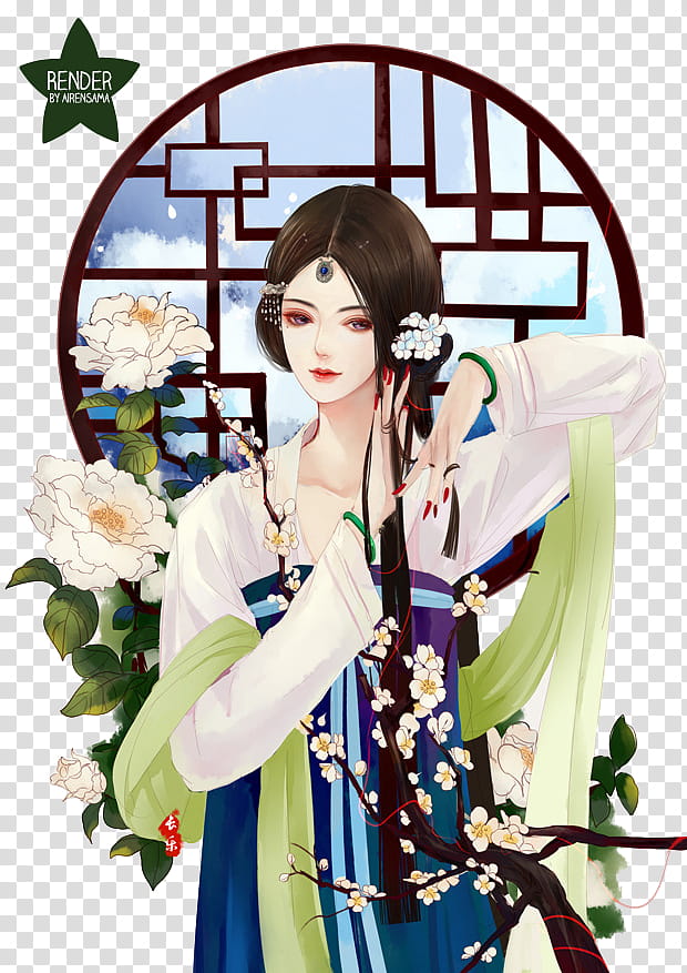 Chinese girl, female cartoon character wearing floral dress illustration transparent background PNG clipart