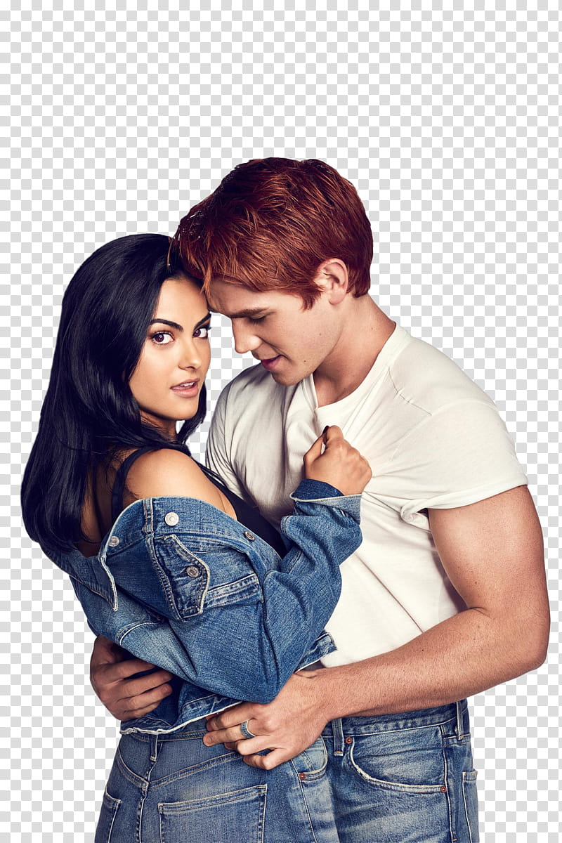 Camila Mendes and KJ Apa, man and woman wearing blue denim jeans transparent background PNG clipart