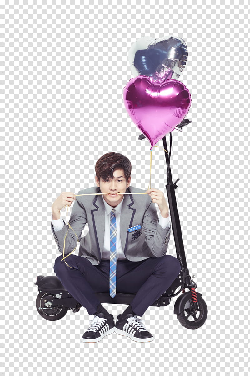 ONG SEONGWOO WANNA ONE , man in gray blazer sitting on kick scooter with balloons transparent background PNG clipart