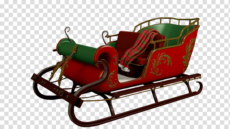 Santa Claus sledge render, red and green sleigh transparent background PNG clipart