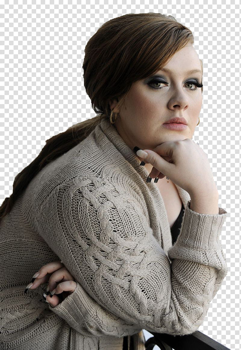 Adele byLocaporBieber, Adele in gray knitted cardigan with right hand on her chin transparent background PNG clipart
