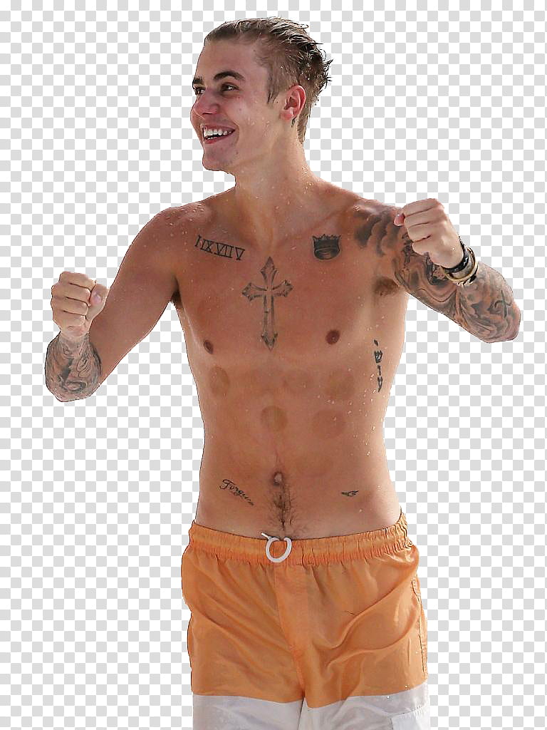 Justin Bieber , smiling Justin Beiber wearing orange and white boardshorts transparent background PNG clipart