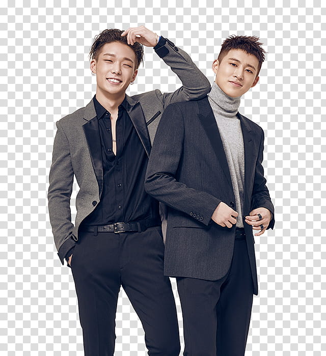 iKON SHINSEGAE P, two men wearing suit jackets transparent background PNG clipart