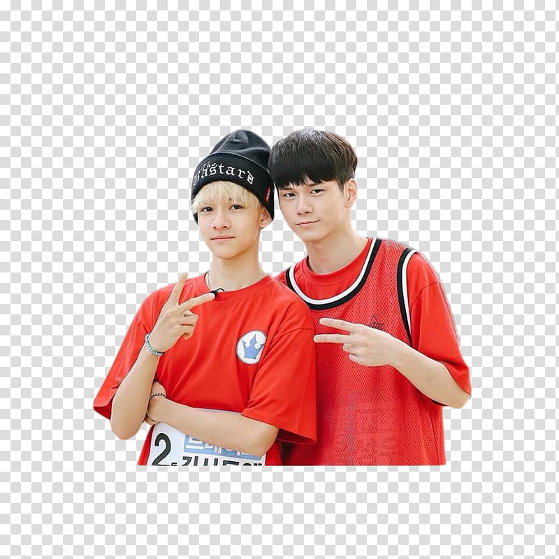 Kim Samuel and Ong Seongwu standing and making peace hand signs transparent background PNG clipart