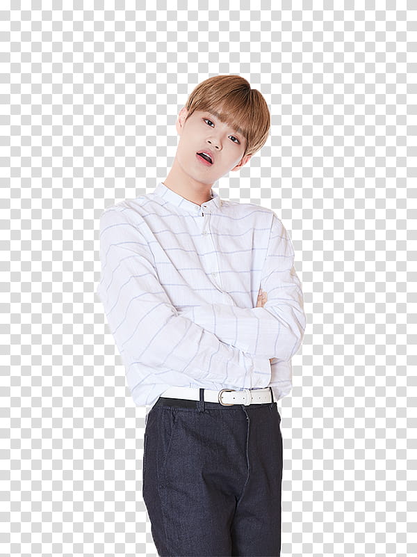 WANNA ONE S , man wearing white and gray striped long-sleeved button-up shirt transparent background PNG clipart