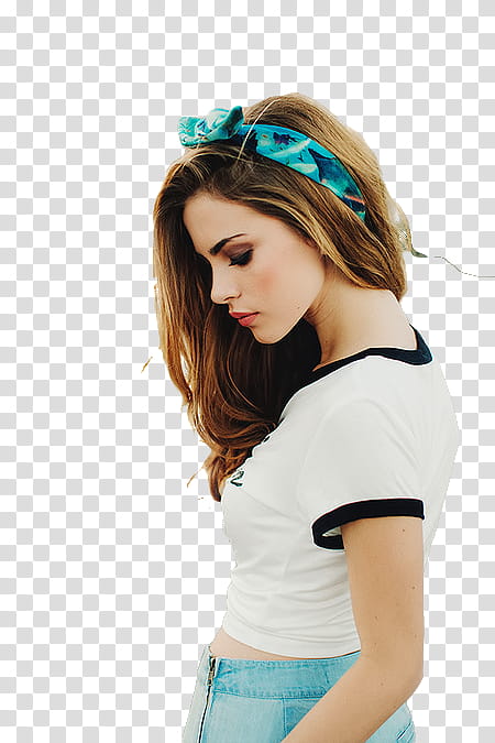 Bridget Satterlee, woman wearing white crop top and blue bottoms transparent background PNG clipart